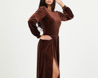 Brown Velvet Dress, Bridesmaid Dress, Velvet Long Dress, Low Back Dress, Long sleeve Dress, Evening Gown, Gown Dress, Modest Dress