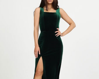 Dark Green Bridesmaid Dress, Velvet Dress, Square Neckline Dress, Sleeveless Dress, Wedding Guest Dress, Slit Dress, Gown