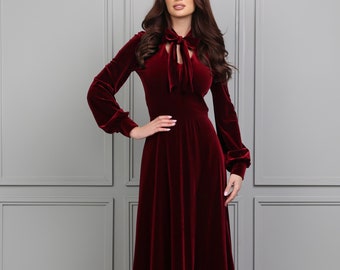 Bridesmaid Velvet Dress, Dark Burgundy Dress, Modest Dress, Evening Dress, Reception Dress, Gown Dress, Elegant Dress, Formal Dress