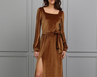 Brautjungfer Kleid, Samt Kleid, langes Samt Kleid, Hochzeitsgast Kleid, Kleid mit eckigem Ausschnitt, formelles Kleid, Abendkleid, Maxi Kleid