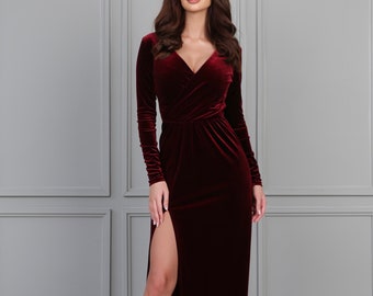 Burgundy Velvet Maxi Dress, Wrap Neck Long Sleeves Wedding Dress, Formal Cocktail Gown, Velvet Bridesmaid Dress Burgundy Velvet Maxi Dress, Wrap Neck Long Sleeves Wedding Dress, Formal Cocktail Gown, Velvet Bridesmaid Dress