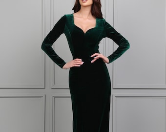 Dark Emerald Green Wedding Dress, Velvet Dress, Formal Dress, Evening Dress, Reception Dress, Maxi Dress, Elegant Dress, Bodycon Dress