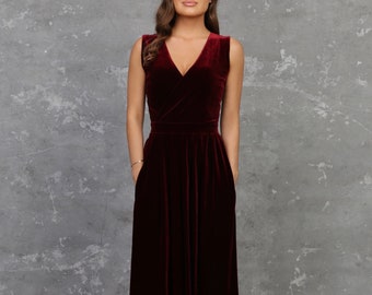 Dark Burgundy Bridesmaid Velvet Dress, Wedding Guest Dress, Evening Dress, Velvet Long Dress, Formal Dress, Dress With Pockets