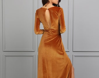 Bridesmaid Velvet Dress Marigold High Quality Fabric Dress Keyhole Back Maxi Gown With Train Wrap Neck Long Sleeve Dress Slit Above The Knee