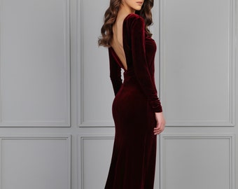 Dark Burgundy Bridesmaid Velvet Dress High Quality Fabric Dress Mermaid Gown Dress Maxi Open Back Train Dress