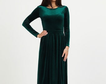 Dark Emerald Green Velvet Dress, Bridesmaid Dress, Velvet Long Dress, Long sleeve Dress, Evening Gown, Gown Dress, Modest Dress