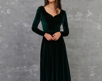 Dark Green Emerald Bridesmaid Velvet Dress High Quality Fabric Dress A Line Skirt Sweetheart Neckline