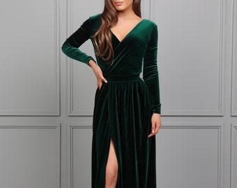 Dark Emerald Green Bridesmaid Velvet Dress, Low Back Dress, Wedding Guest Dress, Velvet Long Dress, Formal Dress, Evening Dress, Maxi Dress