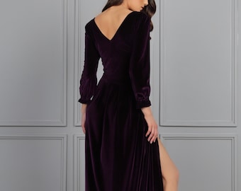 Robe en velours prune, robe Maxi, robe à manches longues, robe longue en velours, robe robe, robe élégante, robe formelle, robe d’invité de mariage