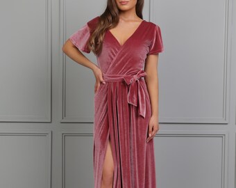 crepe and velvet bridesmaid dress with open back Classic Bell Sleeve V Neck Velvet Bridesmaid Dress with Pleats COCOMELODY CB0367, Forest Green