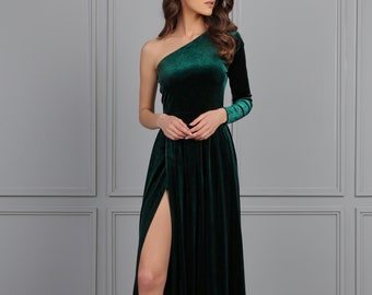 Dark Green Bridesmaid Velvet Dress High Quality Fabric Dress One Shoulder One Sleeve Maxi Dress Gown High Wrap Slit With Sash Waistband
