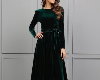 Dark Emerald Green Velvet Dress, Midi Dress, Evening Dress, Wedding Guest Dress, Cocktail Dress, Elegant Dress, Formal Dress, Party Dress