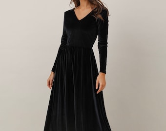Velvet Formal Midi Dress, V-Neck Long Sleeve Black Dress, Elegant Evening Dress, Wedding Guest Dress