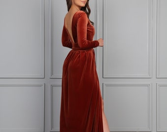 Rusty Orange Bridesmaid Velvet Dress High Quality Fabric Dress Burnt Copper Dress Deep V Open Back Long Sleeves With High Wrap Slit