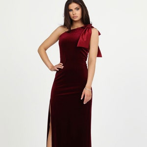 Burgundy Bridesmaid Dress, Velvet Long Dress, Evening Dress, Wedding Guest Dress, Slit Dress, One Shoulder Dress, Formal Dress, Pencil Dress