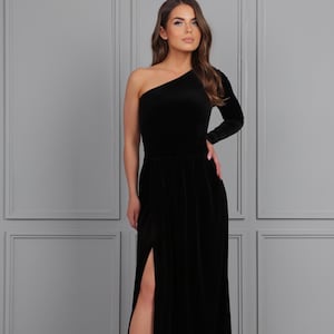 Black Bridesmaid Velvet Dress, One Shoulder Dress, Slit Dress, Wedding Guest Dress, Evening Dress, Velvet Long Dress, Formal Dress