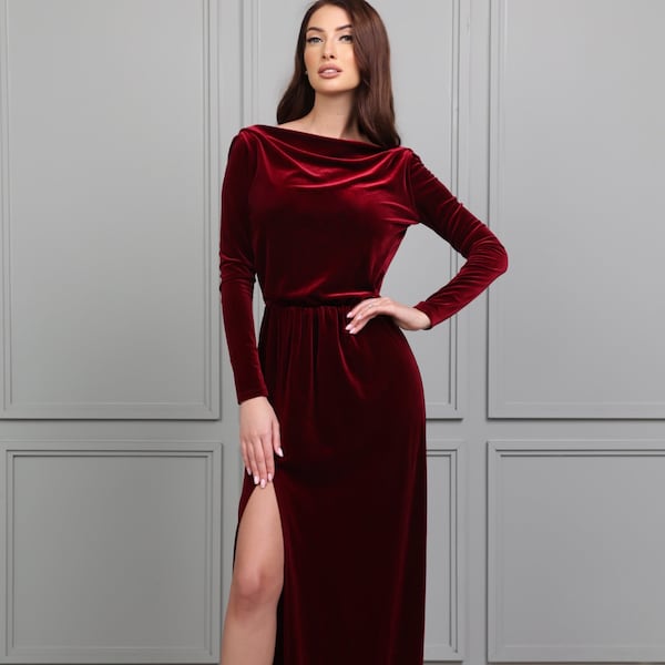 Dark Burgundy Bridesmaid Velvet Dress High Quality Fabric Dress Mermaid Gown Dress Maxi Cowl Back Train Dress