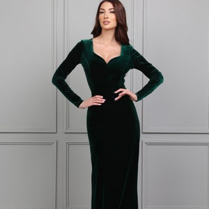 Dark Emerald Green Wedding Dress, Velvet Dress, Formal Dress, Evening Dress, Reception Dress, Maxi Dress, Elegant Dress, Bodycon Dress