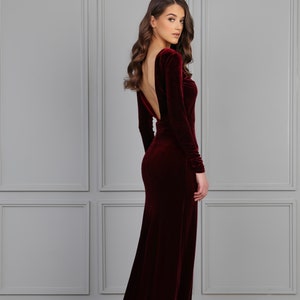 Dark Burgundy Bridesmaid Velvet Dress High Quality Fabric Dress Mermaid Gown Dress Maxi Open Back Train Dress