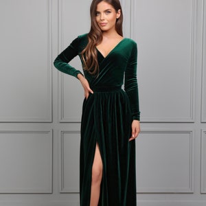 Dunkles smaragdgrünes Brautjungfer-Samtkleid, Kleid mit tiefem Rücken, Hochzeitsgastkleid, langes Samtkleid, formelles Kleid, Abendkleid, Maxikleid
