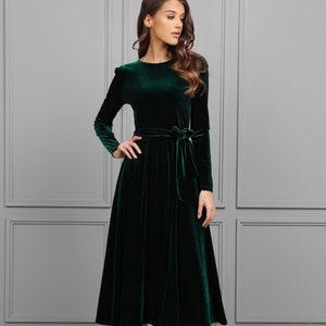 Dark Emerald Green Velvet Dress, Midi Dress, Evening Dress, Wedding Guest Dress, Cocktail Dress, Elegant Dress, Formal Dress, Party Dress