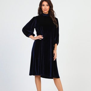Navy Velvet Short Dress, Cocktail Dress, Party Dress, Oversized Dress, Midi Velvet Dress, Tunic Dress Mock Neck