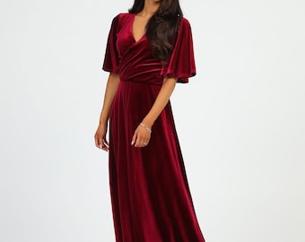 Vestido de dama de honor de terciopelo burdeos oscuro, vestido de invitada de boda, vestido de noche, vestido largo, vestido de gala, vestido elegante, escote en V cruzado, mangas con vuelo