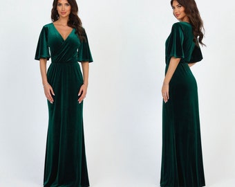 Dark Green Emerald Velvet Dress, Bridesmaid Dress, Evening Gown, Maxi Dress, Gown Dress, Elegant Dress, Formal Dress, Wedding Guest Dress