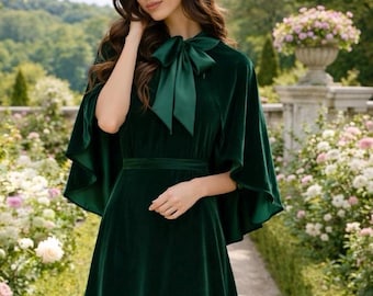Dark Green Velvet Capelet, Satin Lined Wedding Shrug