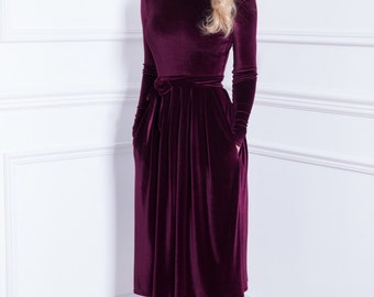 purple velvet midi dress
