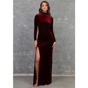 Dark Burgundy Bridesmaid Velvet Dress, Wedding Guest Dress, Evening Dress, Velvet Long Dress, Formal Dress, Pencil Dress