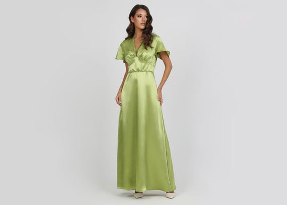 Lime Green Satin Maxi Dress, Flutter Sleeve Evening Gown