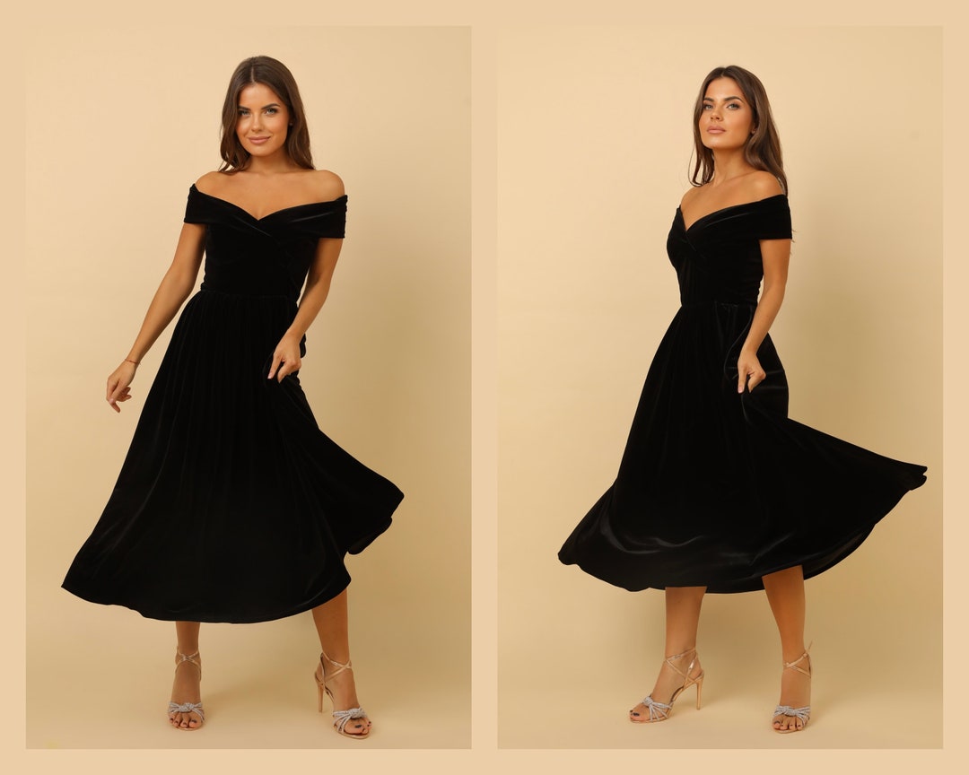 Black Dress, Velvet Dress, Midi Dress, Evening Dress, Wedding Guest ...