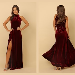 Dark Burgundy Velvet Dress, Bridesmaid Dress, Evening Dress, Slit Dress, Wedding Guest Dress, Velvet Long Dress, Reception Dress