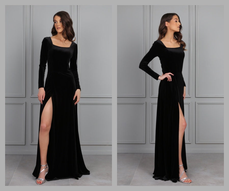 Black Bridesmaid Velvet Dress High Quality Fabric Dress Luxury Dress Gown Square Neckline Long Sleeves