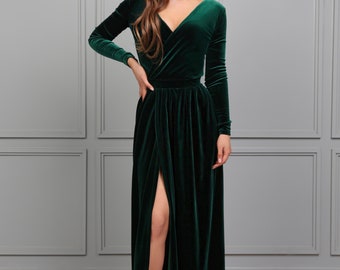 Dark Green Bridesmaid Velvet Dress High Quality Fabric Dress Wrap V Neck Deep V Open Back Dress Long Sleeves With High Wrap Slit