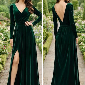 emerald green velvet maxi dress, long sleeve velvet formal gown, open back velvet evening dress, green velvet wedding guest dress, high slit velvet maxi gown, fall wedding guest velvet dress, winter formal velvet gown for women, elegant emerald evening dress long sleeve, forest green velvet bridesmaid dress, modest front open back formal gown