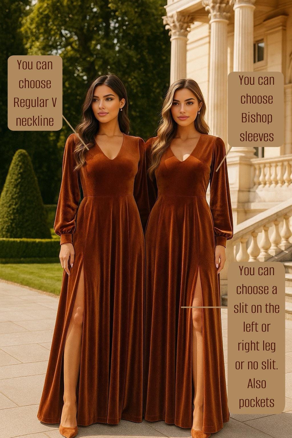 Velvet Long Bridesmaid Dress Brown, Round Neck Dress, Long Sleeve Velvet Maxi Dress, Velvet Wedding Guest Dress