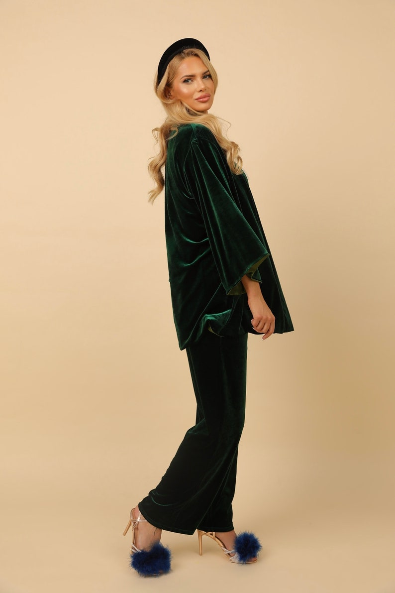 Velvet Pantsuit Dark Green Contrast Satin Lining Flare Sleeves Etsy