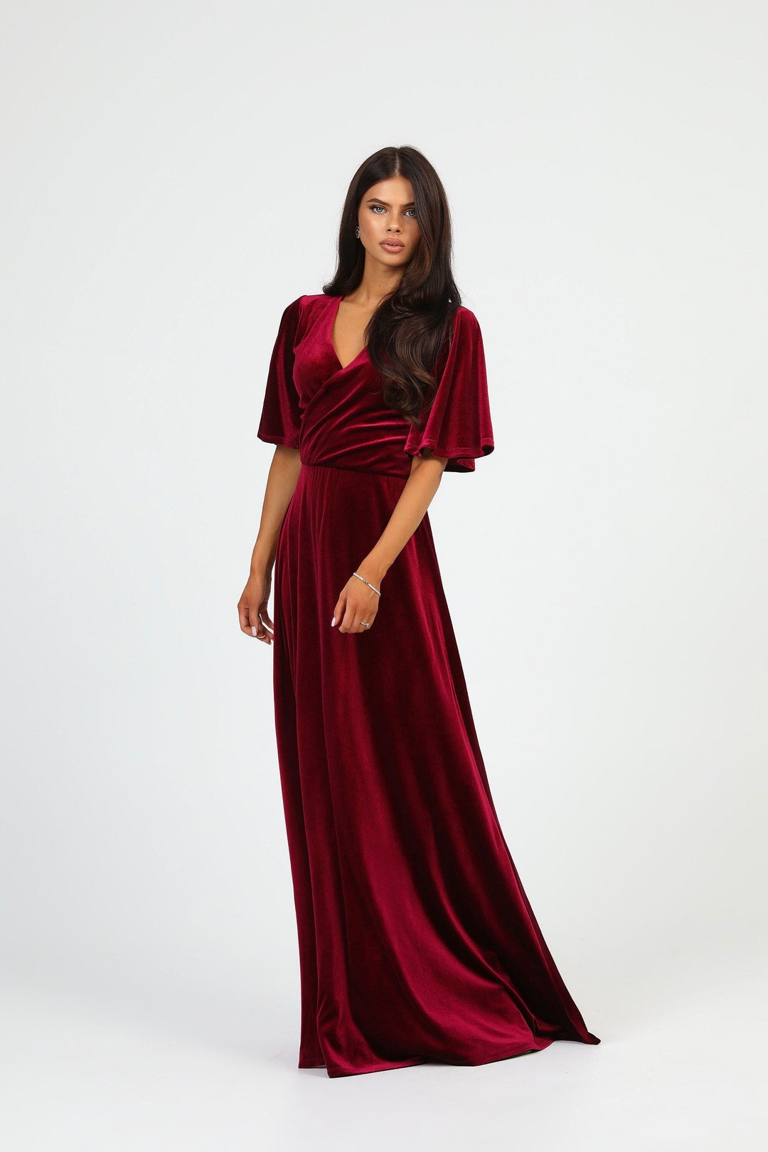 Abito da damigella in velluto color borgogna scuro, abito da