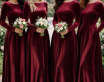 Bridesmaid Velvet Long Burgundy Dress, Round Neck Dress, Long Sleeve Velvet Maxi Dress, Velvet Wedding Guest Dress
