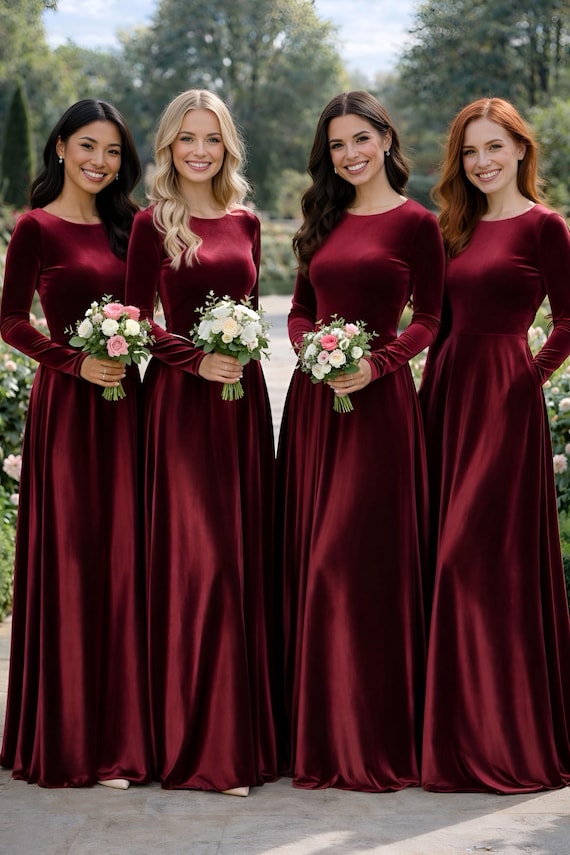 wine velvet bridesmaid dresses Off Shoulder Velvet Bridesmaid Dress With Slit