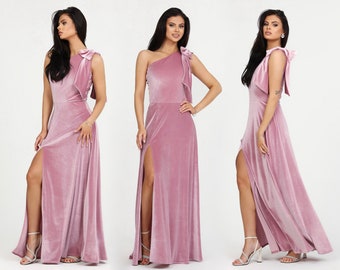 Pink Velvet Long Dress, Bridesmaid Dress, Evening Dress, Wedding Guest Dress, Slit Dress, One Shoulder Dress, Formal Dress