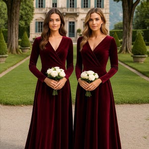 Burgundy Velvet Maxi Dress, Long Sleeve Velvet Evening Gown, Velvet Formal Dress, Floor Length Velvet Dress, Winter Wedding Guest Dress