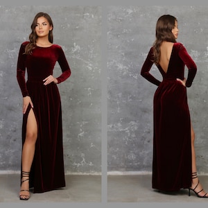 Dark Burgundy Dress, Bridesmaid Dress, Velvet Dress, Deep V Open Back, Long Sleeve Dress, High Wrap Slit Dress, Evening Gown, Gown Dress