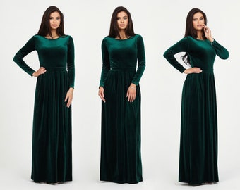 Dark Emerald Green Velvet Dress, Bridesmaid Dress, Velvet Long Dress, Long sleeve Dress, Evening Gown, Gown Dress, Modest Dress