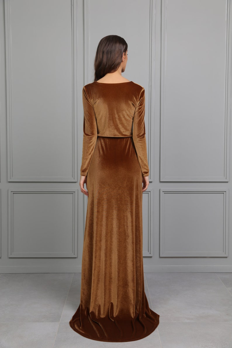 Light Brown Velvet Maxi Bridesmaid Dress With Train Wrap Neck | Etsy