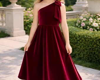 Burgundy Velvet Flower Girl Dress, One Shoulder Bow