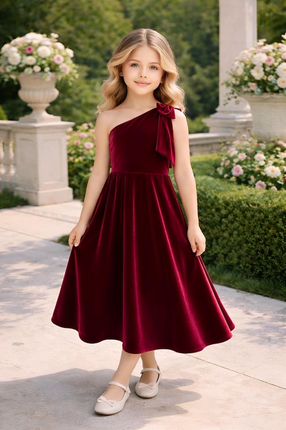 toddler burgundy velvet dress Flower Girl Dress, One Shoulder Bow KissProm V-Neck Tiered A-Line Knee Length Dress Color:Red/Bright Fuchsia 3 cm measurement error