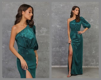 Green Dress, Sparkle Dress, Party Dress, Prom Dress, Engagement Dress, Slit Dress, One Shoulder Dress, Wedding Guest Dress, Formal Dress